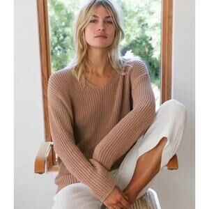 Jenni Kayne Cotton Cabin Sweater V Neck Pullover Knit Tan Pink Size Small $325